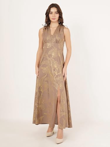 Women's Brown & Gold Foil Floral Print Cotton Flex A-Line Maxi Dress - Image 2