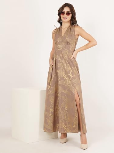 Women's Brown & Gold Foil Floral Print Cotton Flex A-Line Maxi Dress - Image 4