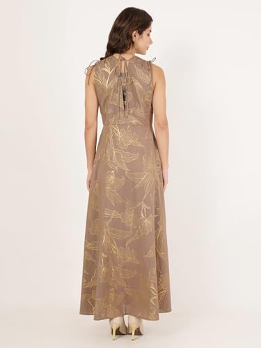 Women's Brown & Gold Foil Floral Print Cotton Flex A-Line Maxi Dress - Image 5