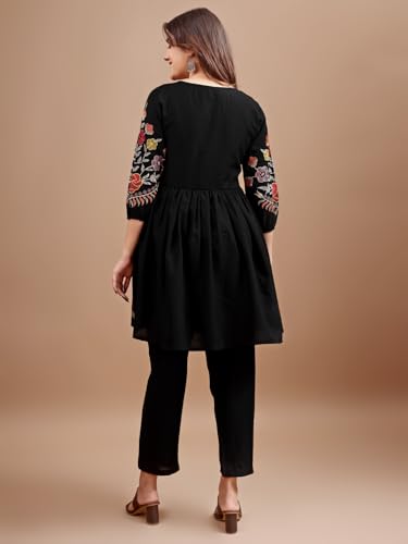 Womanista Women's Black Colour Linen Multi Thread Embroidery Flared Tunic with Trouser coord Set - Image 6