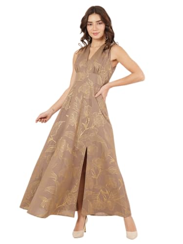 Women's Brown & Gold Foil Floral Print Cotton Flex A-Line Maxi Dress