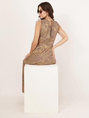 Women's Brown & Gold Foil Floral Print Cotton Flex A-Line Maxi Dress - Image 3