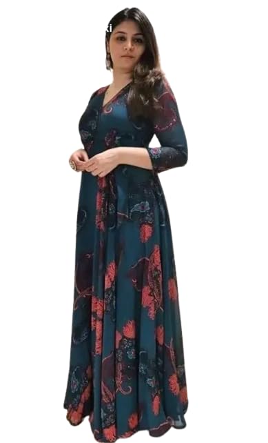 Fashion2wear Women's Georgette Floral Print Maxi Dress with V Neck 3/4 Sleeves Full Length | Maxi Dress for Woman | Blue_L - Image 5