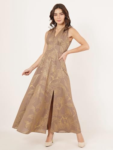 Women's Brown & Gold Foil Floral Print Cotton Flex A-Line Maxi Dress - Image 8