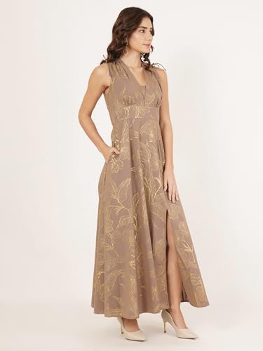 Women's Brown & Gold Foil Floral Print Cotton Flex A-Line Maxi Dress - Image 7
