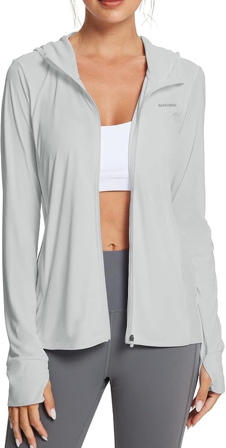 Alexvyan Size-L Grey Full Length Women's UV & Sun Protection Jacket with 4 Pocket, Light weight Summer Sun Screen Hoodie, UPF 50+ Protection for Outdoors, Long Full Zipper Jacket- FIT 50-65 KG