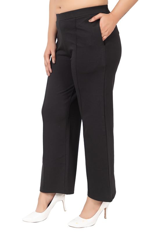 Mlada Mid Waist Wide Leg Flared Pants Elastic Waist Band for Women Office Work Formal Wear Stretch Cotton Knit Flare Pants Utility Pockets Extra Flare Pants Trousers for Travel Black