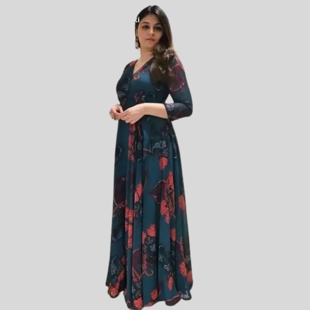 Fashion2wear Women's Georgette Floral Print Maxi Dress with V Neck 3/4 Sleeves Full Length | Maxi Dress for Woman | Blue_L - Image 2