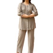 GulaboSitabo Women's Rayon Regular Co-ord Set Stylish Pleated Top & Bottom Set Comfortable Casual Wear Khaki