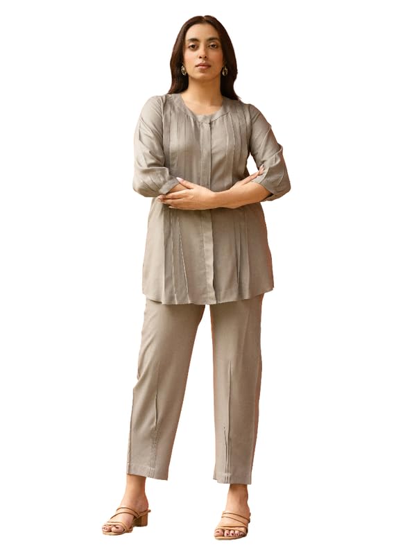 GulaboSitabo Women's Rayon Regular Co-ord Set Stylish Pleated Top & Bottom Set Comfortable Casual Wear Khaki