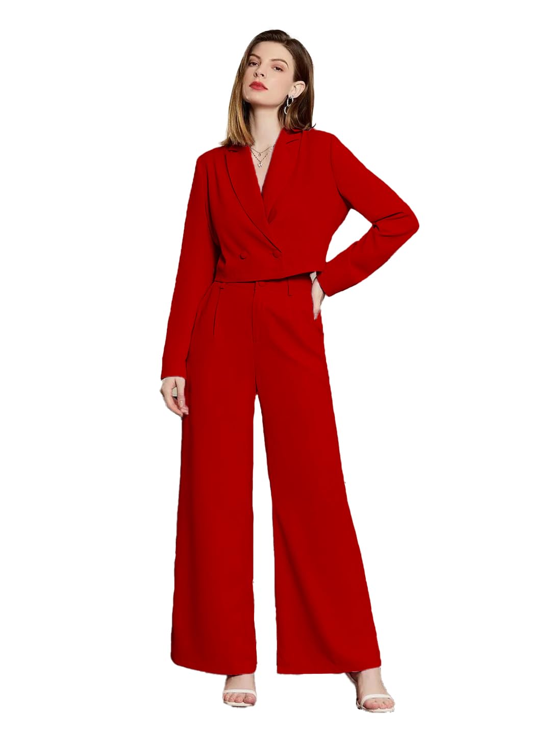 KOTTY Women's Solid Relaxed Fit Full Sleeve Co-ord Blazer and Trouser Set. Tomato red