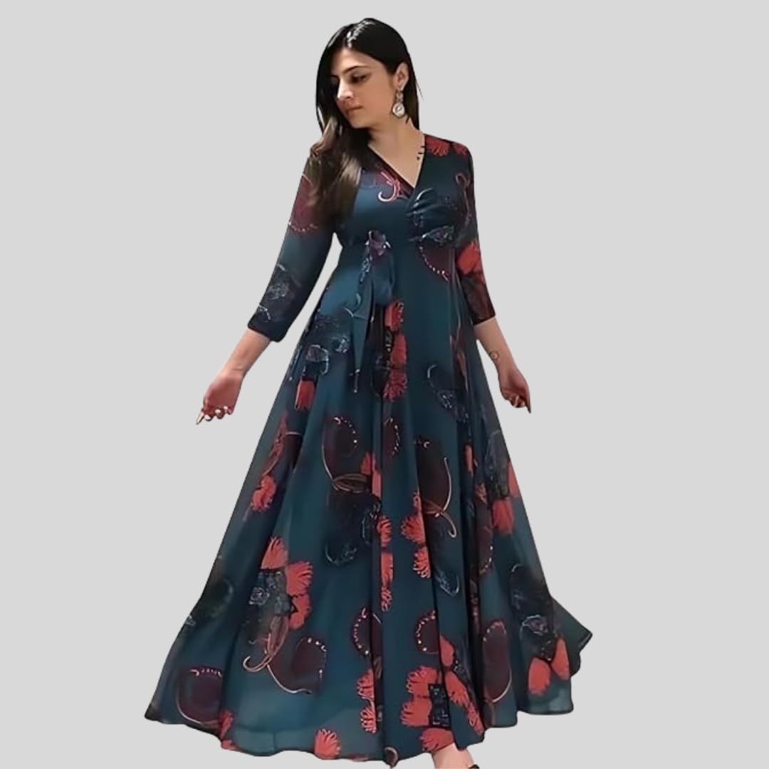 Fashion2wear Women's Georgette Floral Print Maxi Dress with V Neck 3/4 Sleeves Full Length | Maxi Dress for Woman | Blue_L - Image 3