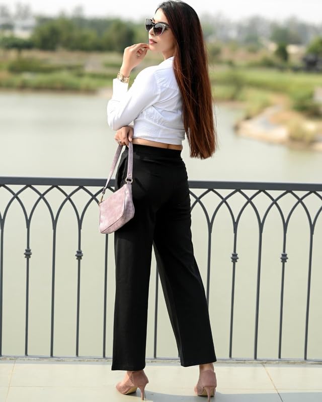 Mlada Mid Waist Wide Leg Flared Pants Elastic Waist Band for Women Office Work Formal Wear Stretch Cotton Knit Flare Pants Utility Pockets Extra Flare Pants Trousers for Travel Black - Image 3