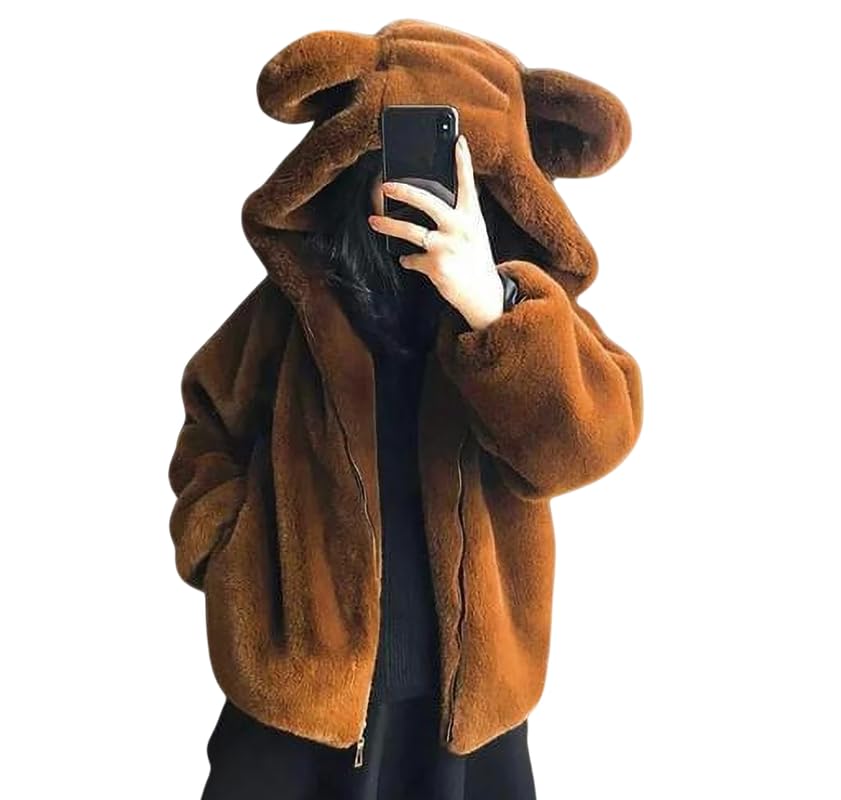 THE KOSH Fluffy Bear Hooded Coat Jacket for Women | Regular Fit | Fluffy Jacket Hoodie | Warm Like Sheep | Ideal for Outings, Several Occasions - Brown, M