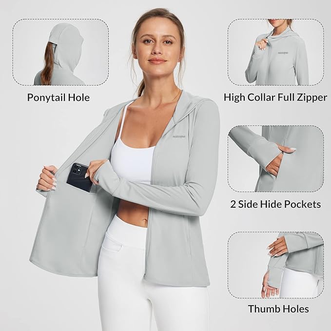 Alexvyan Size-L Grey Full Length Women's UV & Sun Protection Jacket with 4 Pocket, Light weight Summer Sun Screen Hoodie, UPF 50+ Protection for Outdoors, Long Full Zipper Jacket- FIT 50-65 KG - Image 5