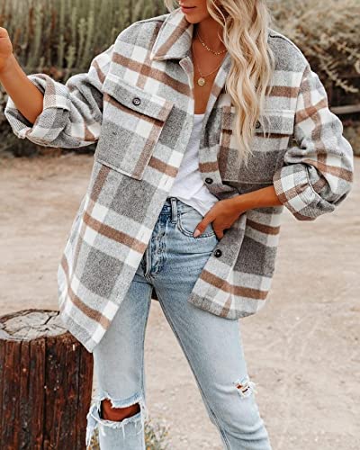 Beaully Women's Flannel Plaid Shirts Long Sleeve Button Down Chest Pocketed Jacket Coats Shacket, Khaki, Medium - Image 4