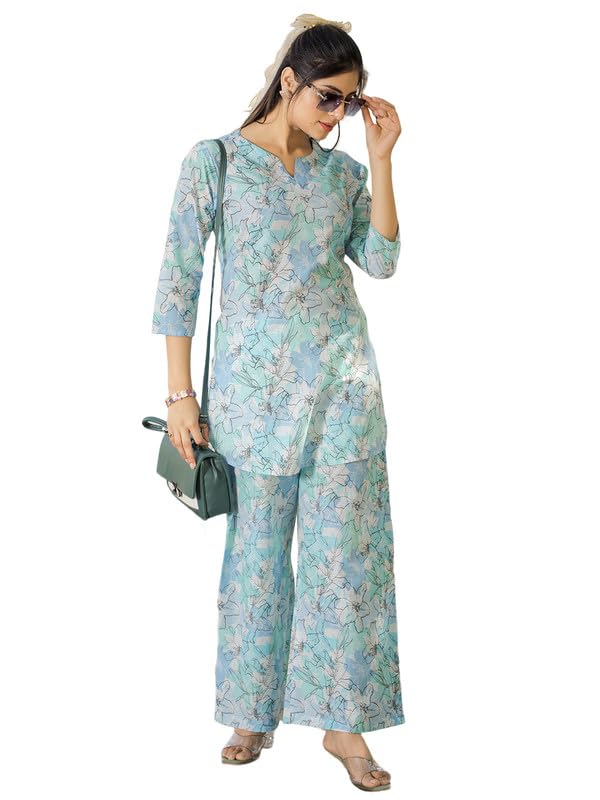 Tee Projekt Cotton Ethnic Wear Co Ord Set for Women | Travel Co Ord Set for Women Light Blue
