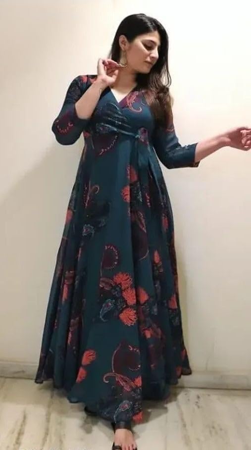 Fashion2wear Women's Georgette Floral Print Maxi Dress with V Neck 3/4 Sleeves Full Length | Maxi Dress for Woman | Blue_L - Image 6