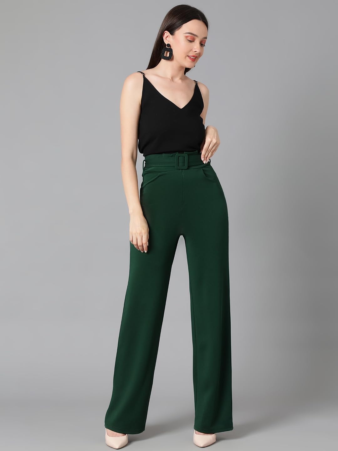 KOTTY Women's High Rise Viscose Rayon Relaxed Fit Korean Trousers Bottle Green - Image 3