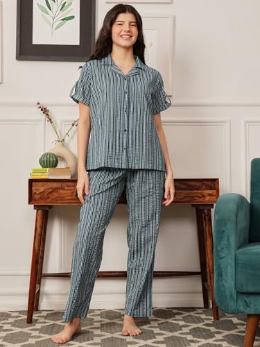 Clovia Women Rayon Blend Sassy Stripes Button Me Up Shirt & Pyjama Set - Image 9