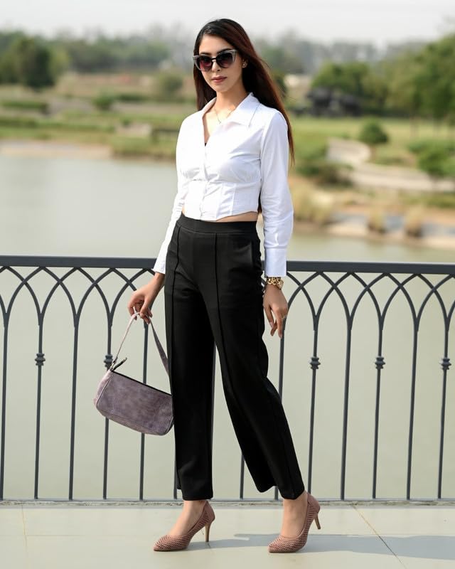 Mlada Mid Waist Wide Leg Flared Pants Elastic Waist Band for Women Office Work Formal Wear Stretch Cotton Knit Flare Pants Utility Pockets Extra Flare Pants Trousers for Travel Black - Image 5