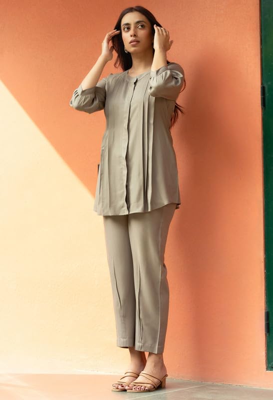 GulaboSitabo Women's Rayon Regular Co-ord Set Stylish Pleated Top & Bottom Set Comfortable Casual Wear Khaki - Image 5