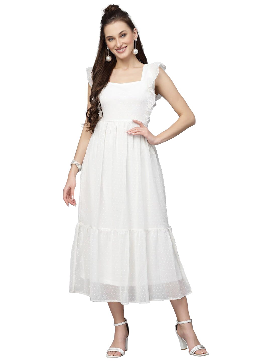 Sugathari Georgette Jacquard Butti White Square Neck Knee Length Western Dresses for Women