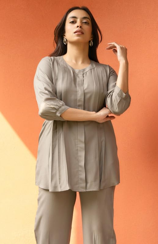 GulaboSitabo Women's Rayon Regular Co-ord Set Stylish Pleated Top & Bottom Set Comfortable Casual Wear Khaki - Image 7