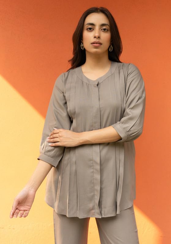 GulaboSitabo Women's Rayon Regular Co-ord Set Stylish Pleated Top & Bottom Set Comfortable Casual Wear Khaki - Image 3