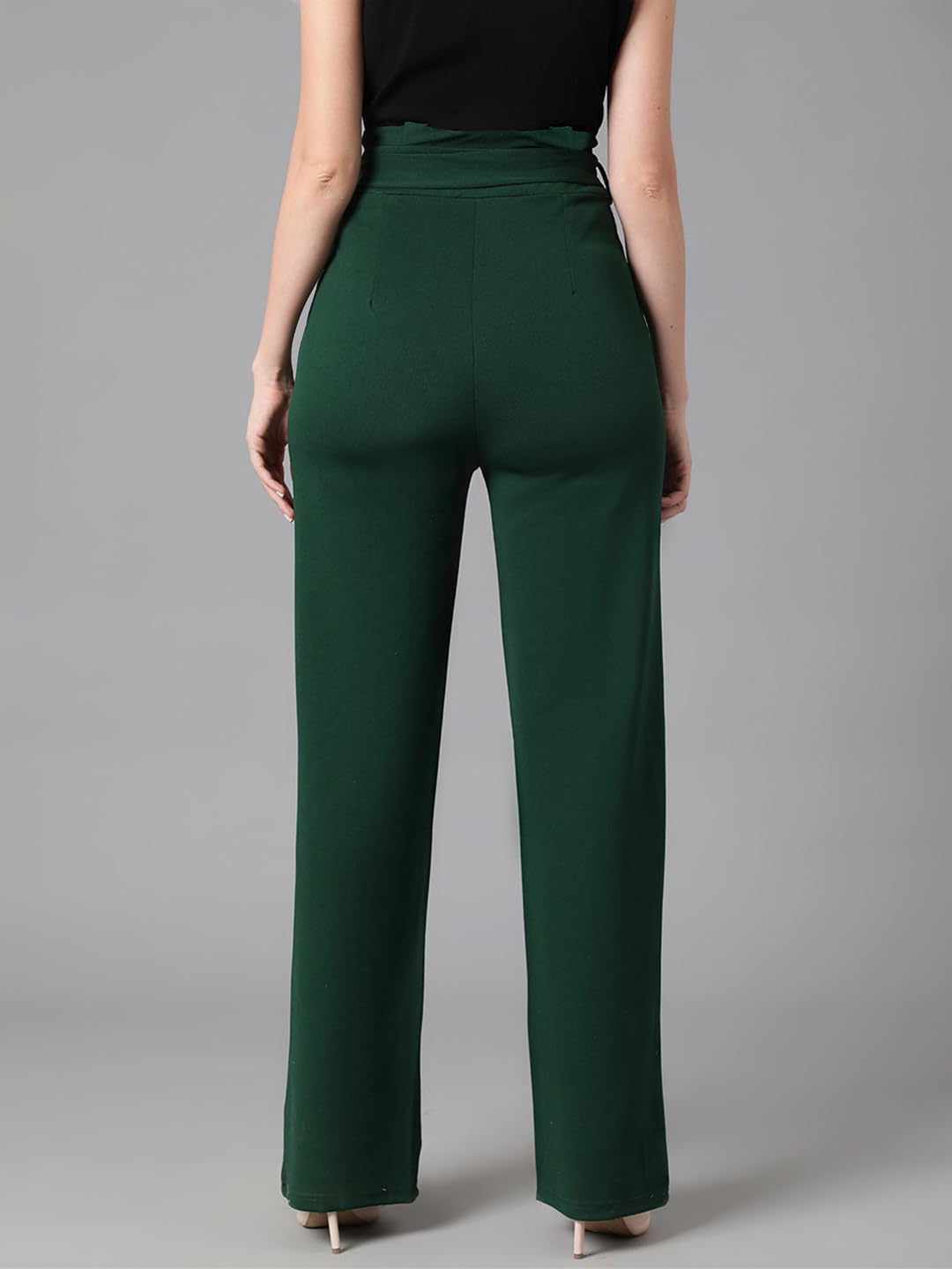 KOTTY Women's High Rise Viscose Rayon Relaxed Fit Korean Trousers Bottle Green - Image 4