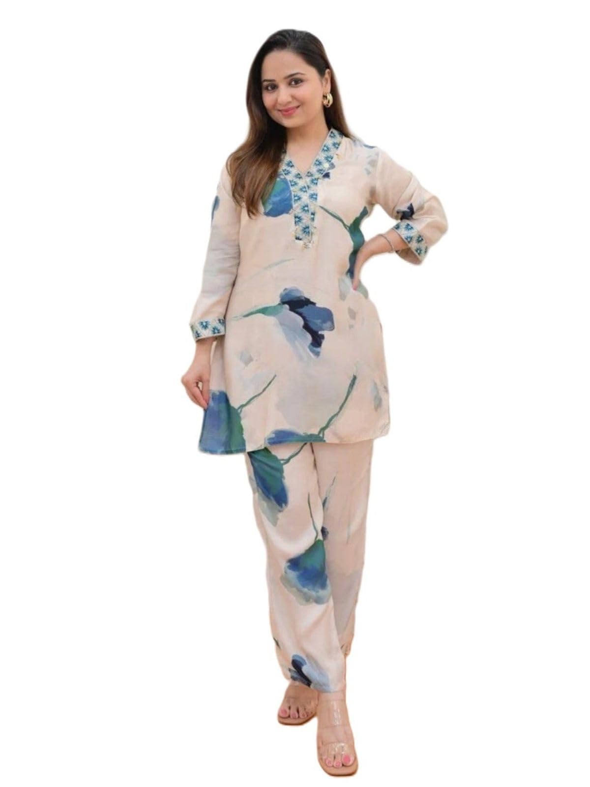 GRECIILOOKS Rayon Floral Regular Fit Stylish Kurta Ethnic for 3/4 Sleeve Women Co-ord Set