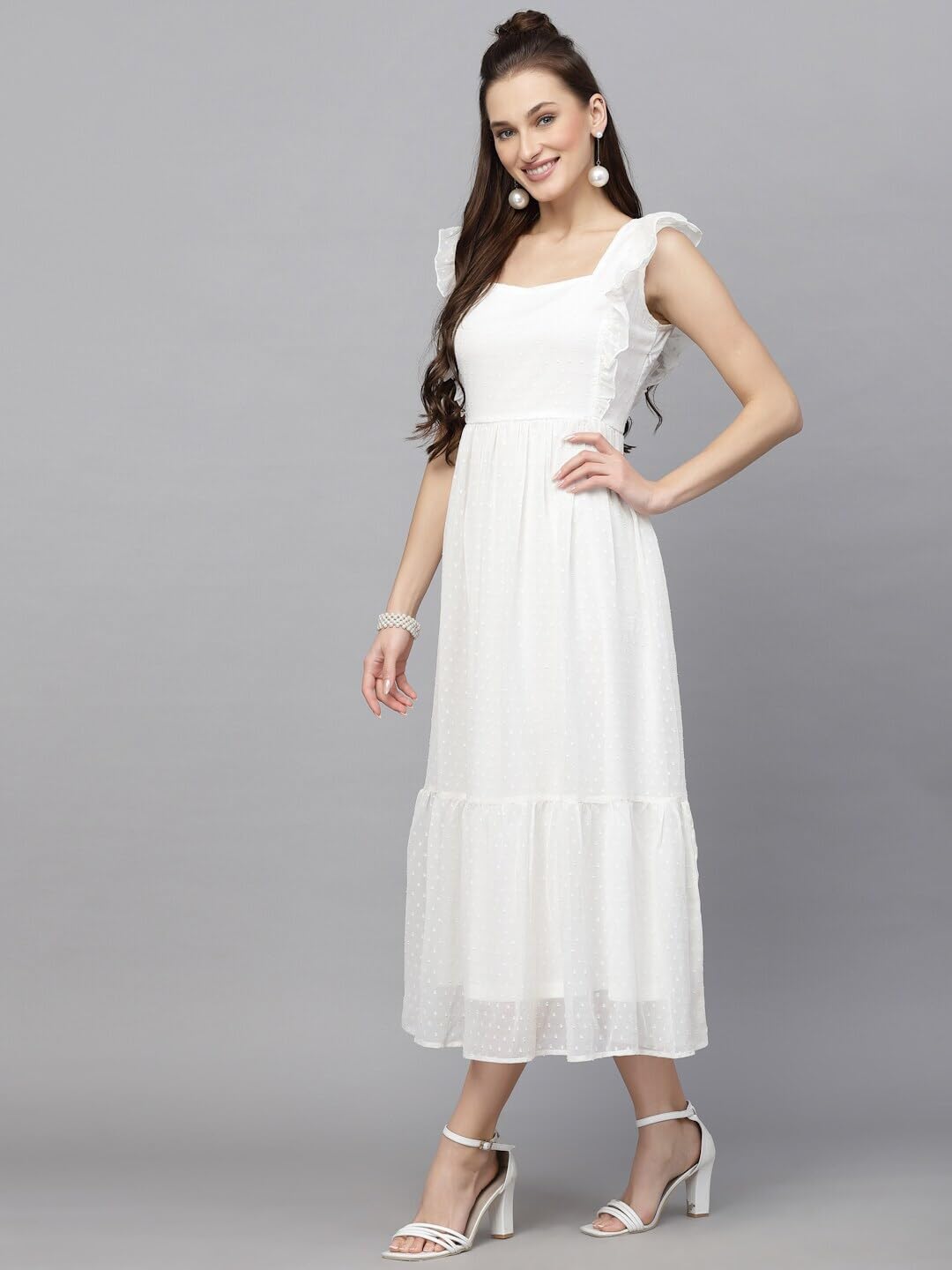 Sugathari Georgette Jacquard Butti White Square Neck Knee Length Western Dresses for Women - Image 7