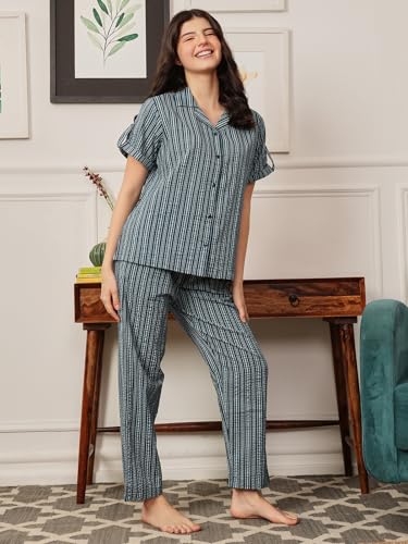 Clovia Women Rayon Blend Sassy Stripes Button Me Up Shirt & Pyjama Set - Image 7