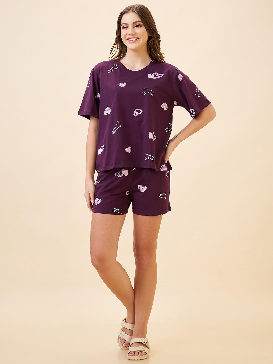 AV2 Women's Cotton Printed Round Neck Short Sleeve Night Suit Set | Bermuda Shorts Set | Casual Night Dress for Women Purple Large 2893 - Image 6