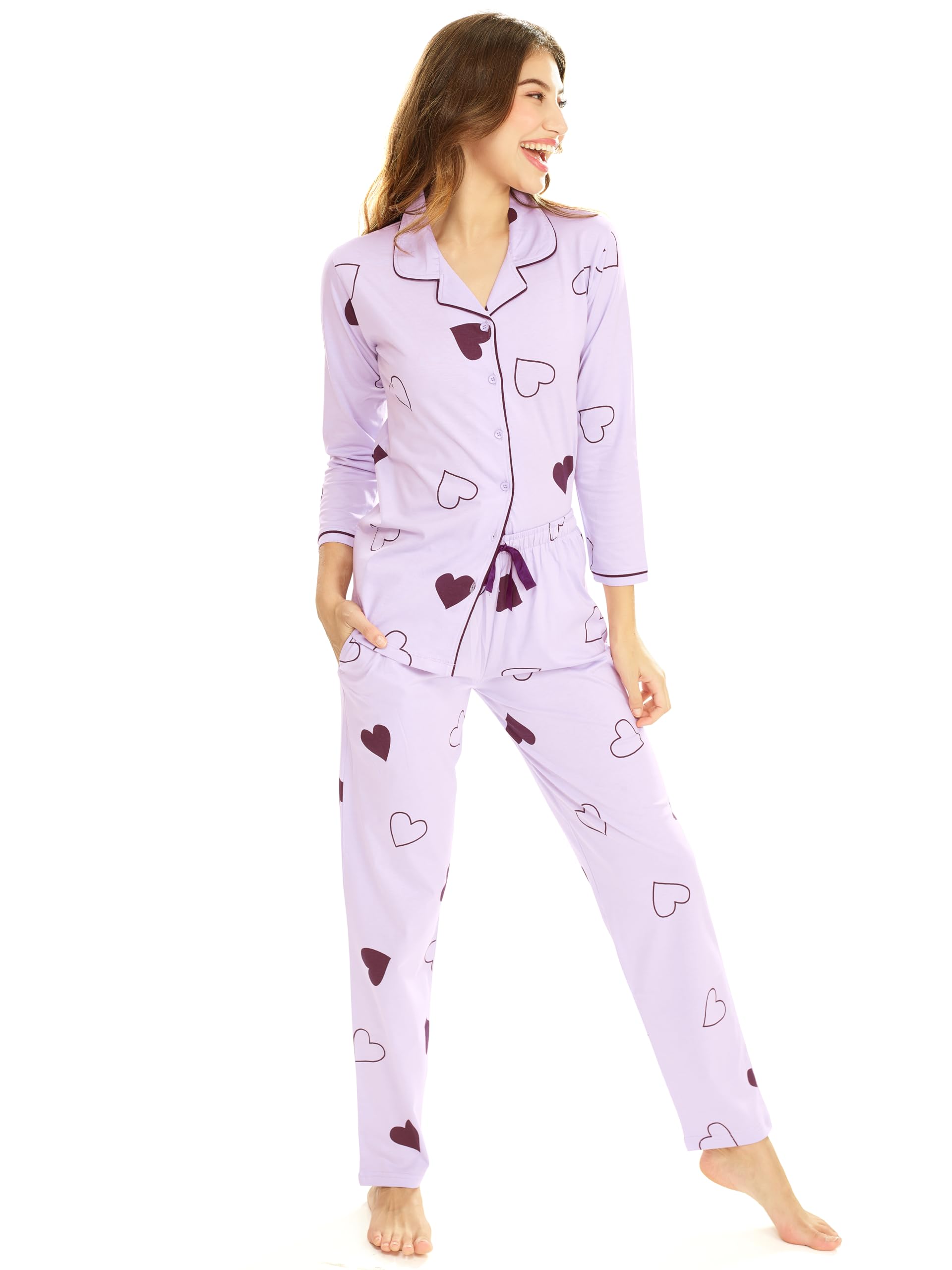 LOTIK Women's Cotton Purple Heart Print Shirt & Payjama Full Sleeve Night Pajama Set - Image 6