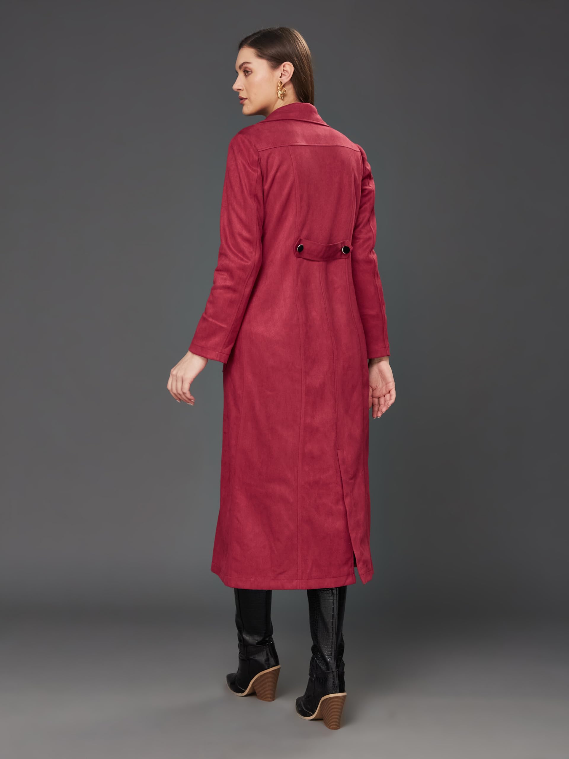 Miss Chase Women's Solid V-Neck Full Sleeves Patched Pocketed Polyester Button Down Longline Winter Wear Jacket - Image 5