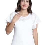 DRESSITUDE Women Self Designed Round Neck Flared Sleeve Lace Top with Camisole