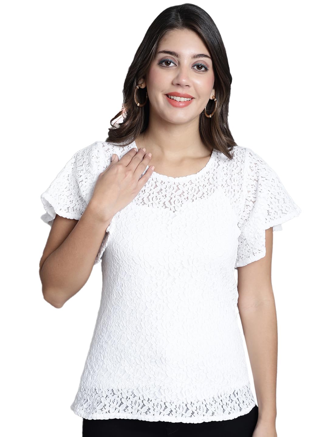 DRESSITUDE Women Self Designed Round Neck Flared Sleeve Lace Top with Camisole