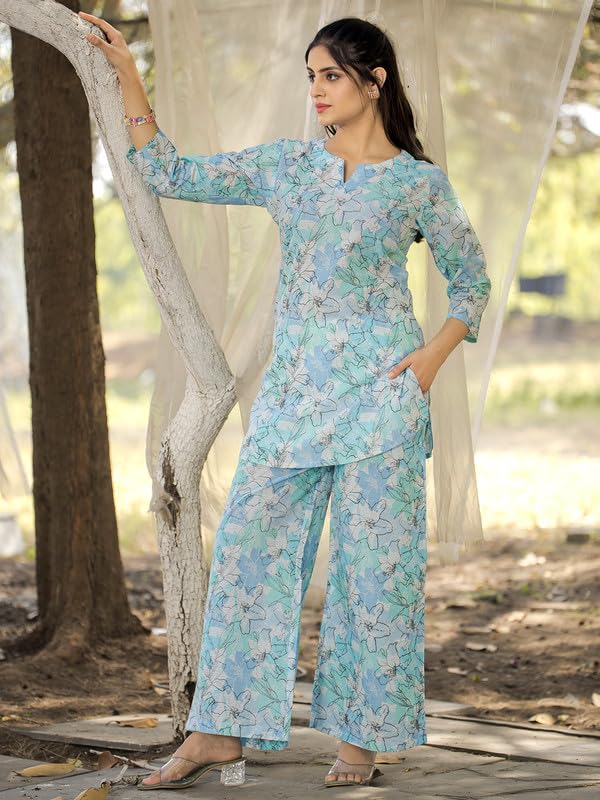 Tee Projekt Cotton Ethnic Wear Co Ord Set for Women | Travel Co Ord Set for Women Light Blue - Image 5