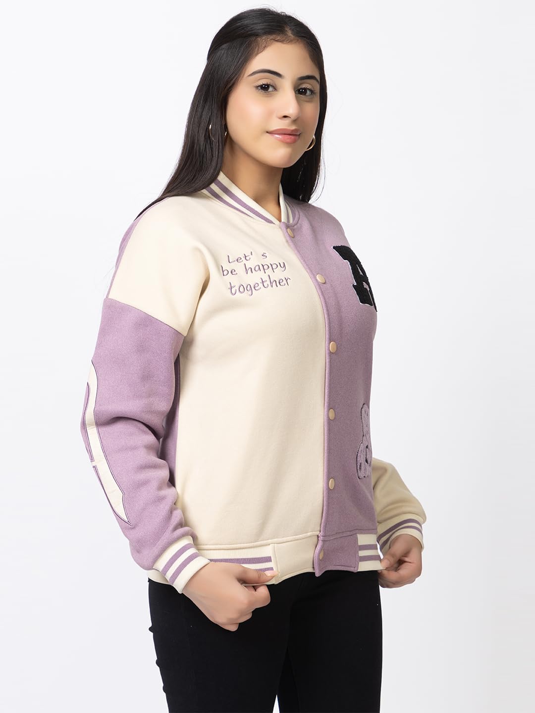 ARISH Women Lavender Cream Varsity Fleece Polyester Standard Length Jacket, Imported Small - Image 7