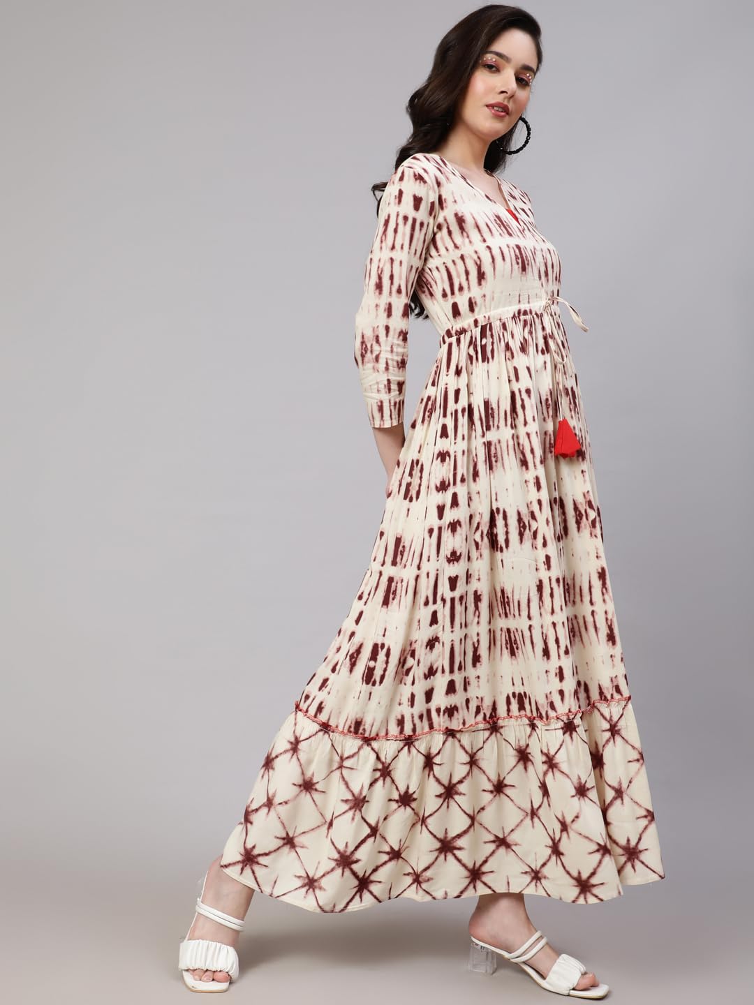 Daevish Women's New Rayon Print Tie-up Waist V Neck Flared Maxi Dress Brown - Image 2