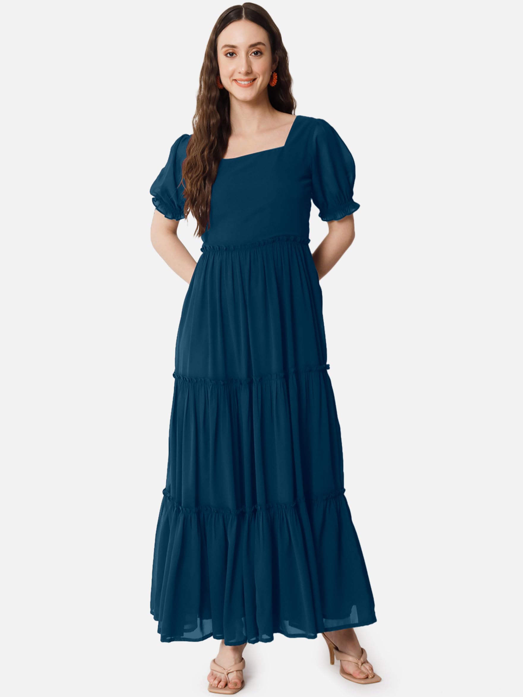 Femvy Designer Georgette Solid Maxi Gown for Women 761 Blue - Image 3