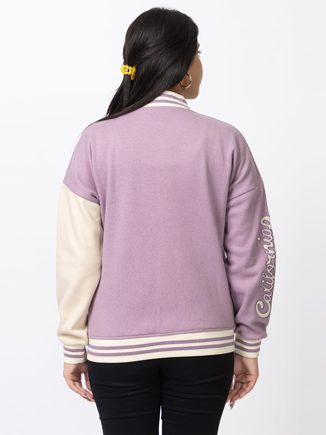 ARISH Women Lavender Cream Varsity Fleece Polyester Standard Length Jacket, Imported Small - Image 2