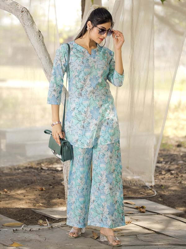 Tee Projekt Cotton Ethnic Wear Co Ord Set for Women | Travel Co Ord Set for Women Light Blue - Image 4