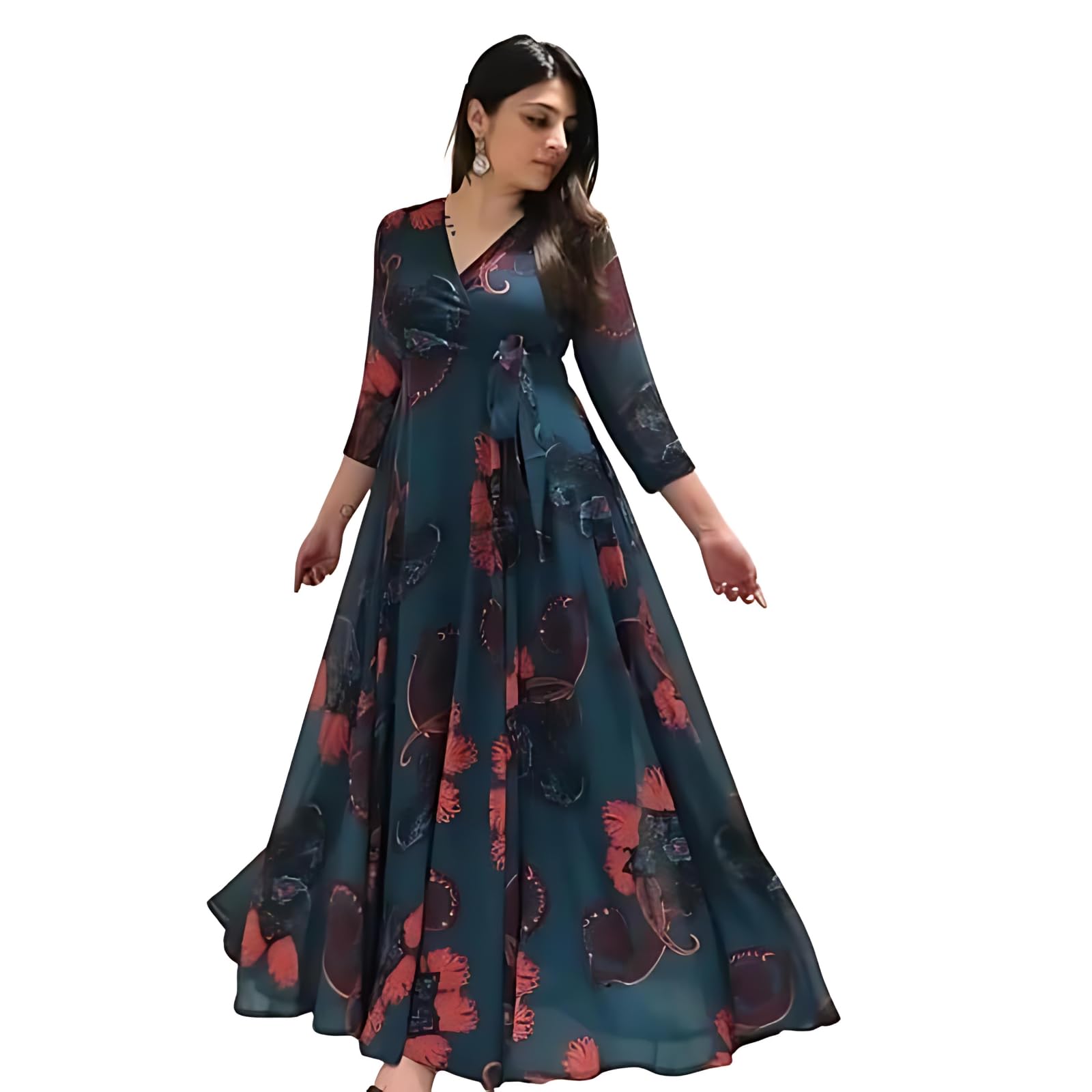 Fashion2wear Women's Georgette Floral Print Maxi Dress with V Neck 3/4 Sleeves Full Length | Maxi Dress for Woman | Blue_L - Image 4