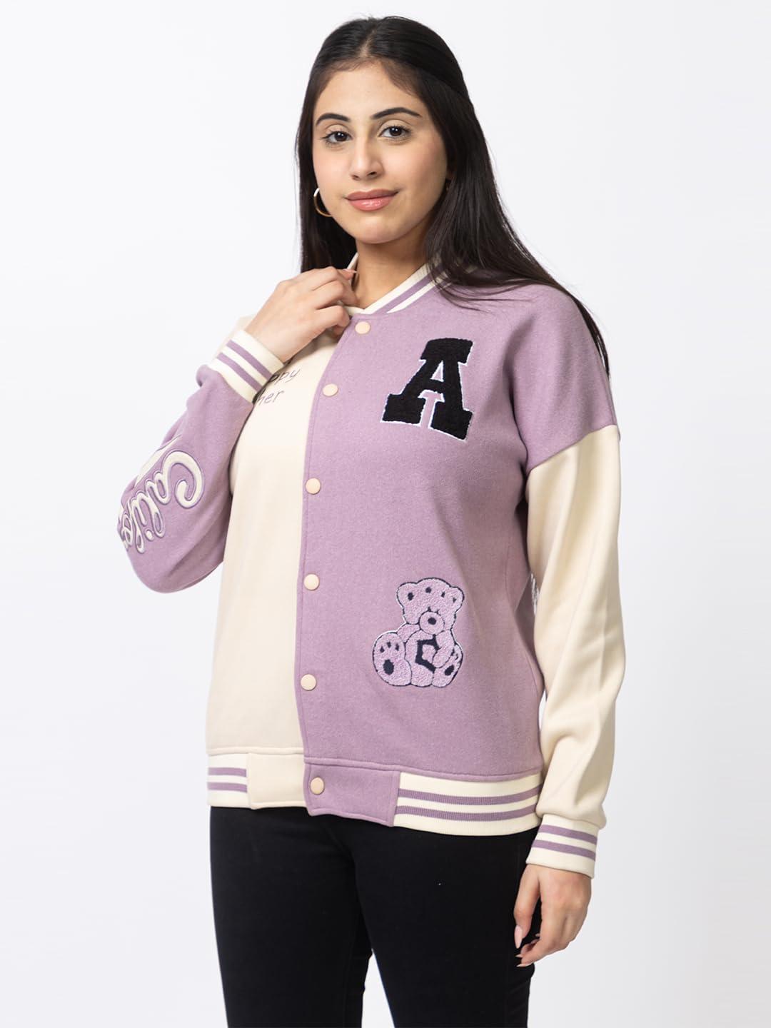 ARISH Women Lavender Cream Varsity Fleece Polyester Standard Length Jacket, Imported Small - Image 8