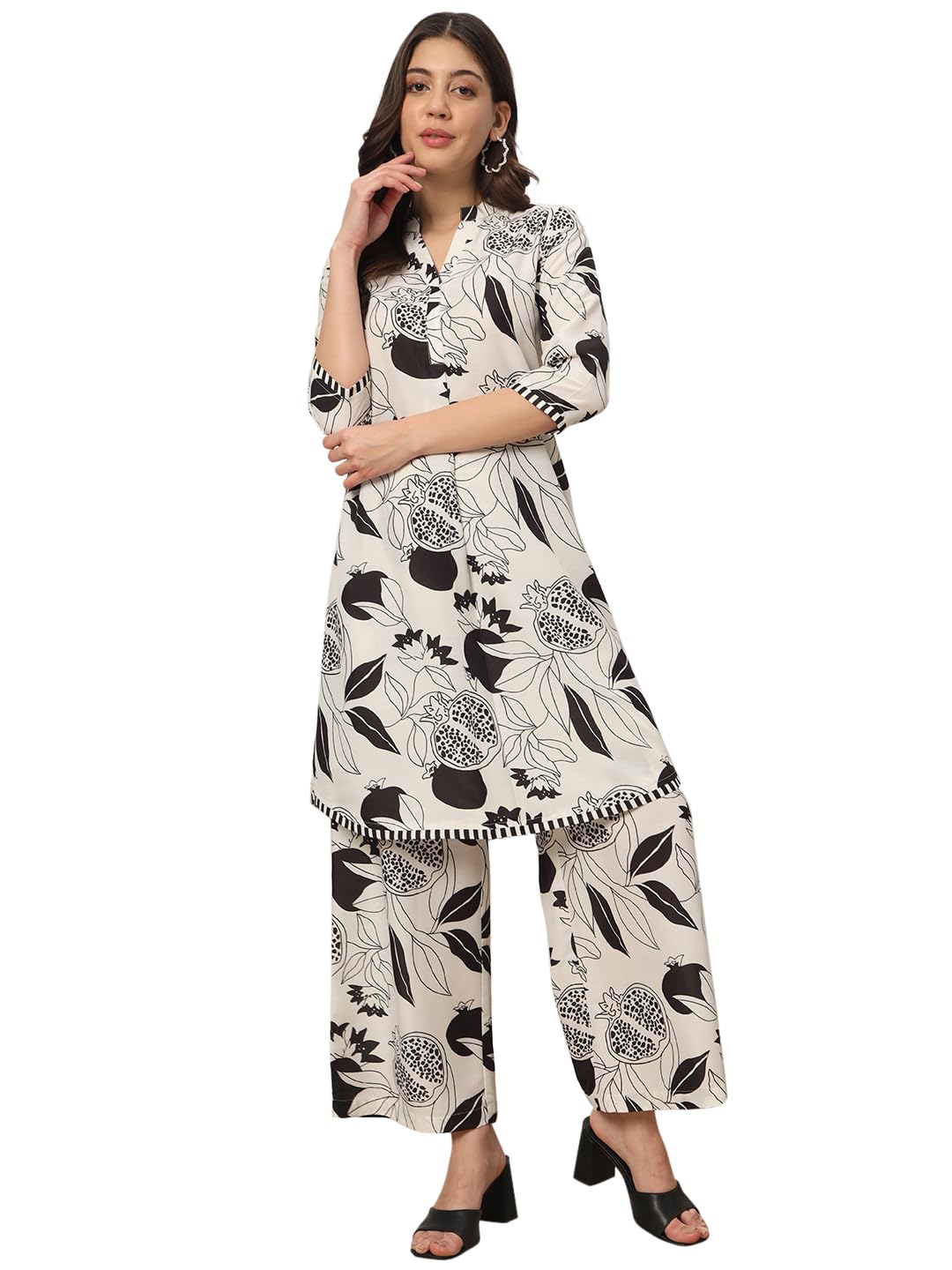 FIORRA Women's Off White Cotton Blend Printed Tunic with Palazzo Co-ords Set SET0144