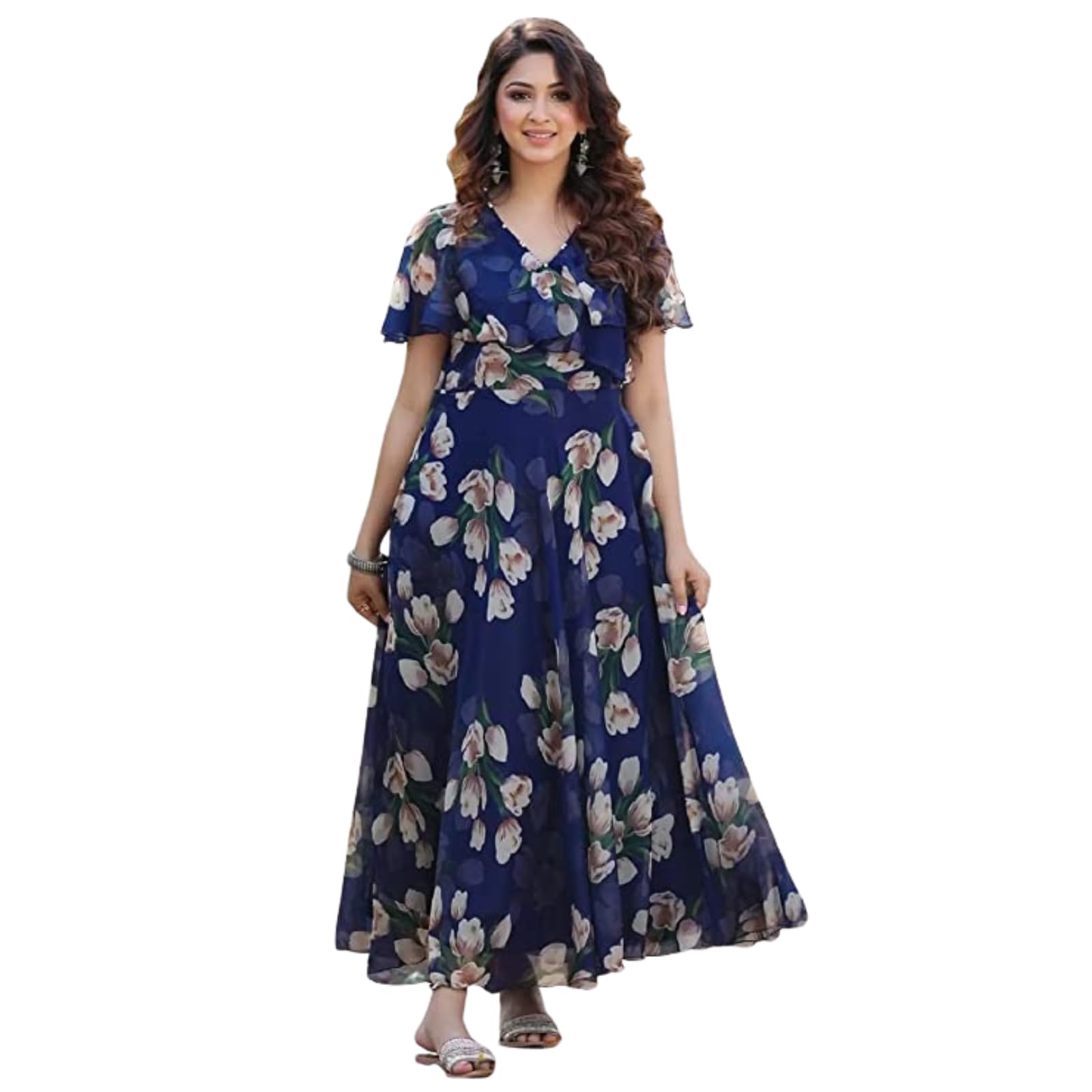 Fashion2wear Women's Georgette Casual Floral Digital Print Half Sleeve Knee Length Fit and Flare Long Maxi Gown Dress