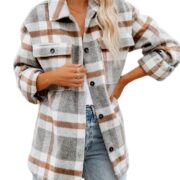 Beaully Women's Flannel Plaid Shirts Long Sleeve Button Down Chest Pocketed Jacket Coats Shacket, Khaki, Medium