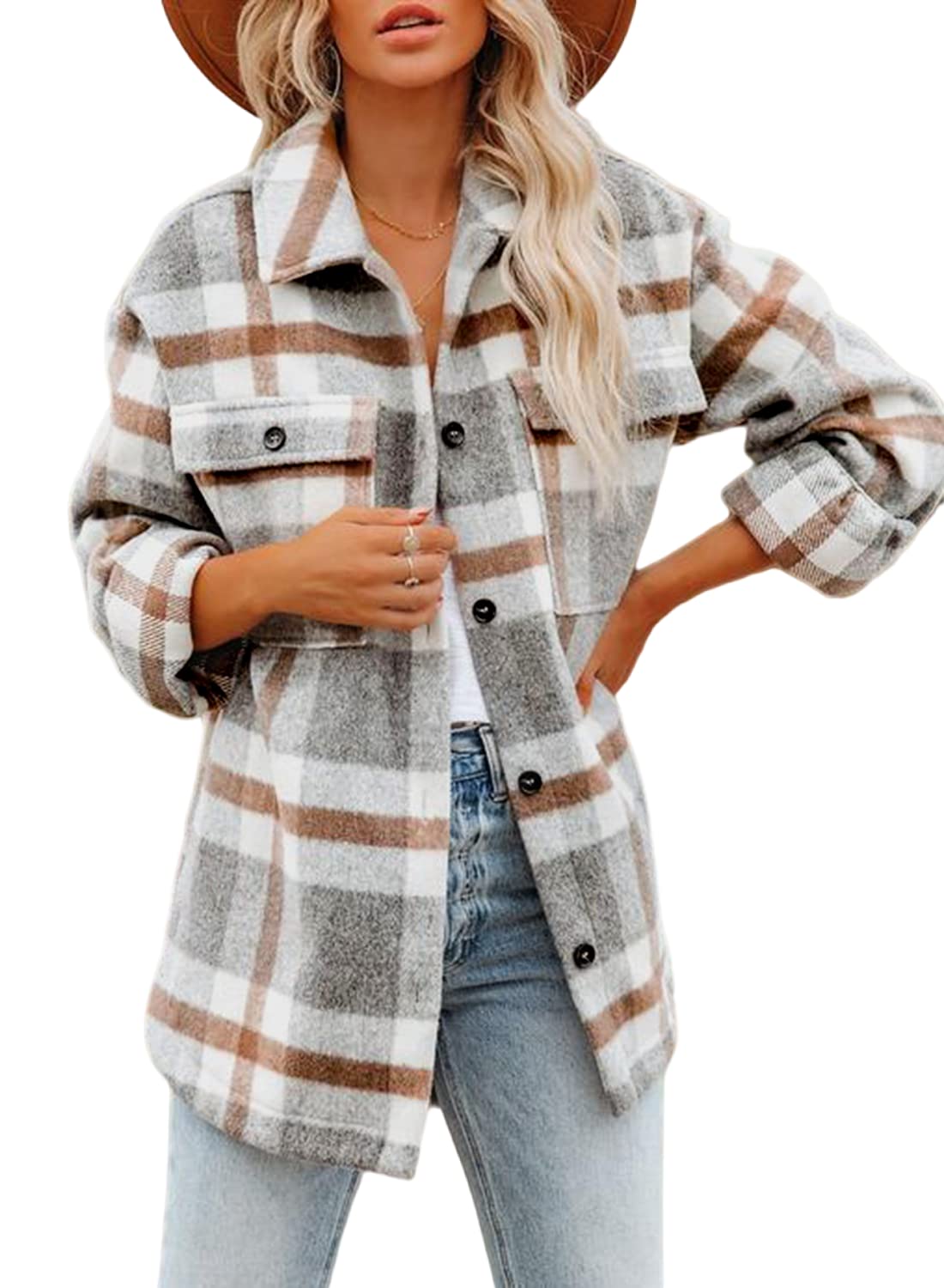 Beaully Women's Flannel Plaid Shirts Long Sleeve Button Down Chest Pocketed Jacket Coats Shacket, Khaki, Medium
